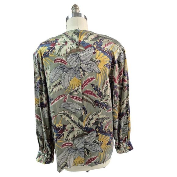 DONCASTER Silks 100% Silk Blouse w/ Detachable scarf Tropical Green Print Sz 16 - Picture 4 of 6